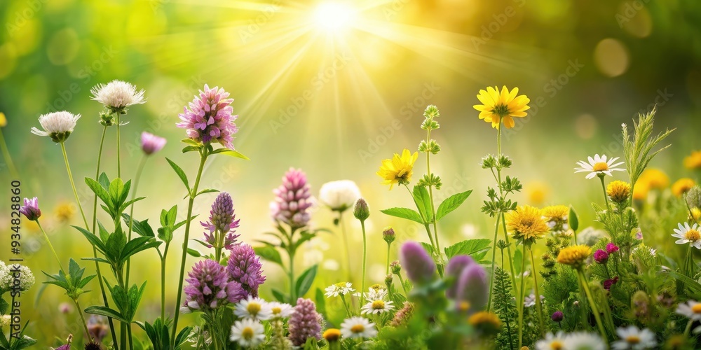 Fototapeta premium Blossoming aromatic herbs in sunny meadow , herbs, blossoming, aromatic, sunny, meadow, nature, plants, green, vibrant