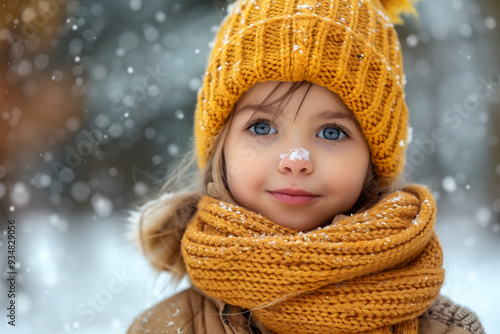 A young girl wearing a yellow hat and scarf is smiling in the snow. Concept of warmth and happiness despite the cold weather