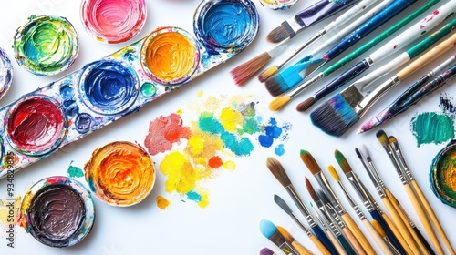 A creative flat lay of art supplies including paintbrushes, palettes, and colorful paints arranged artistically on a white background