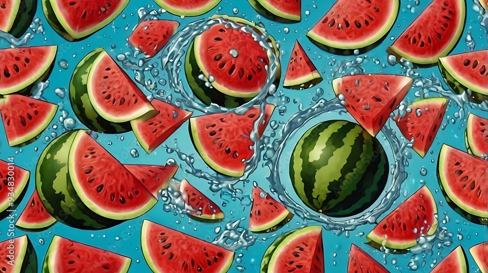 lot of watermelon slices in water. lot of watermelon slices in water.