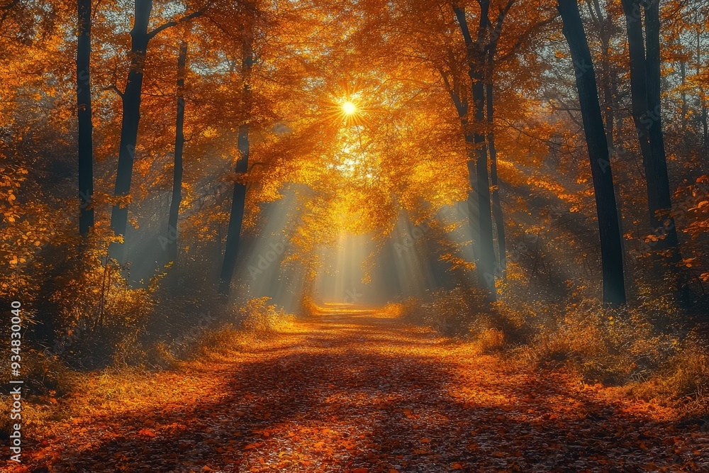 Obraz premium A pathway through an autumn forest, bathed in sunlight. The photo captures the warm hues and soft light of autumn, perfect for themes of nature, tranquility, and change.