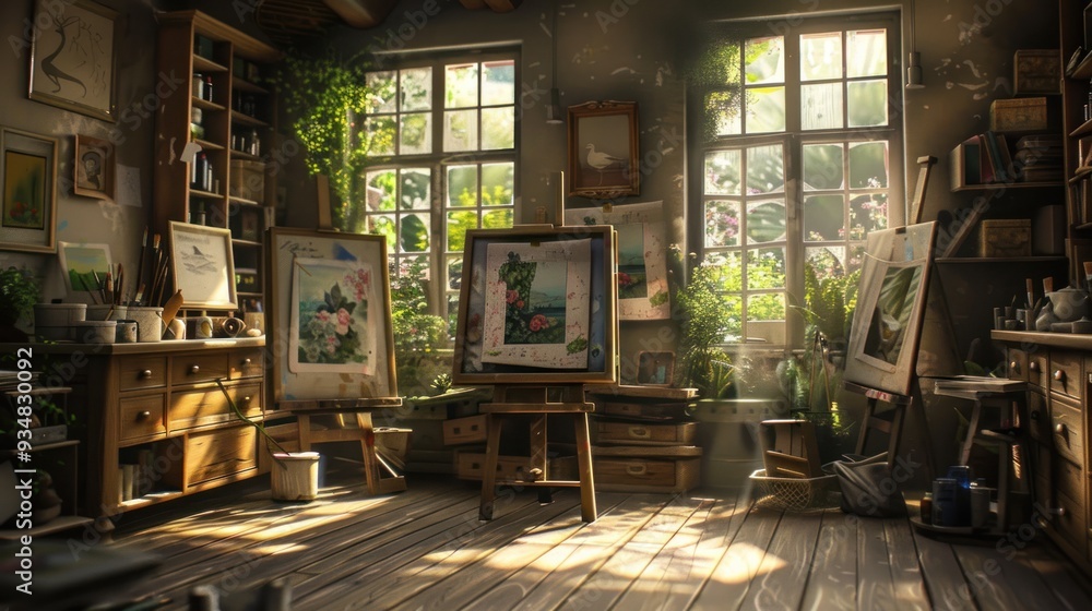 Sunlit Artist's Studio with Easel and Paintings. Sunlit Artist's Studio with Easel and Paintings.