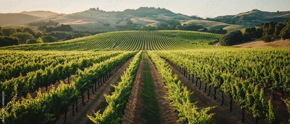 A dynamic drone shot of a sprawling vineyard with perfectly aligned grapevines and rolling hills in the background A dynamic drone shot of a sprawling vineyard with perfectly aligned grapevines and rolling hills in the background