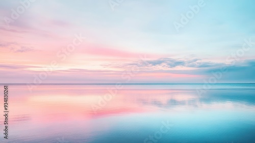 A serene landscape with pastel pink and blue tones, where the horizon blurs into a mirage of soft colors.