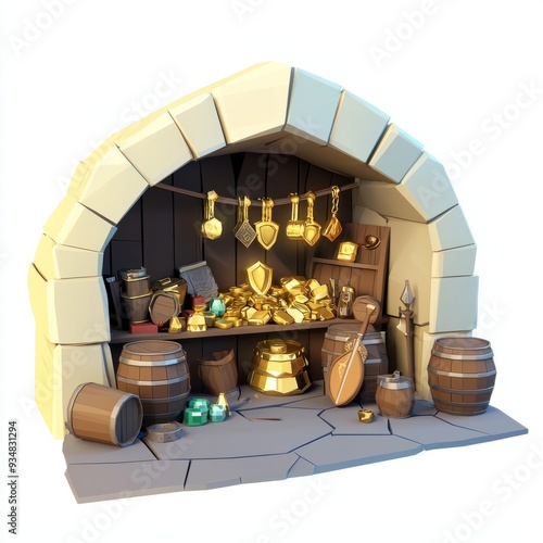 3D Render of a royal treasury room filled with barrels of treasure and valuable items, on isolated white background photo