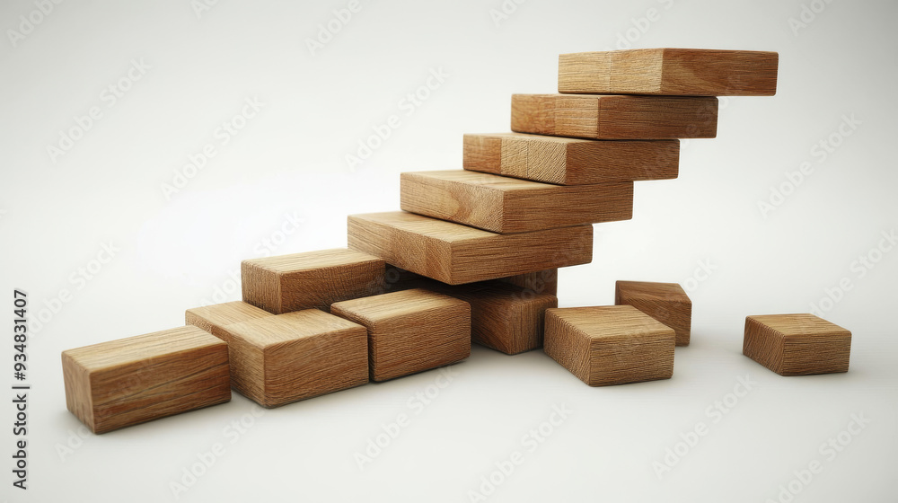 Setback in reaching goals or advancing in a business career, illustrated by wooden blocks forming stairs with one block missing, symbolizing decline or obstacles. Setback in reaching goals or advancing in a business career, illustrated by wooden blocks forming stairs with one block missing, symbolizing decline or obstacles.