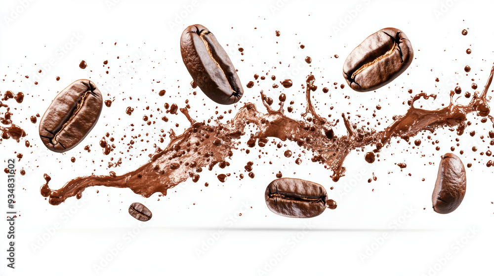 Falling coffee beans with splashes, isolated against a white background. Falling coffee beans with splashes, isolated against a white background.