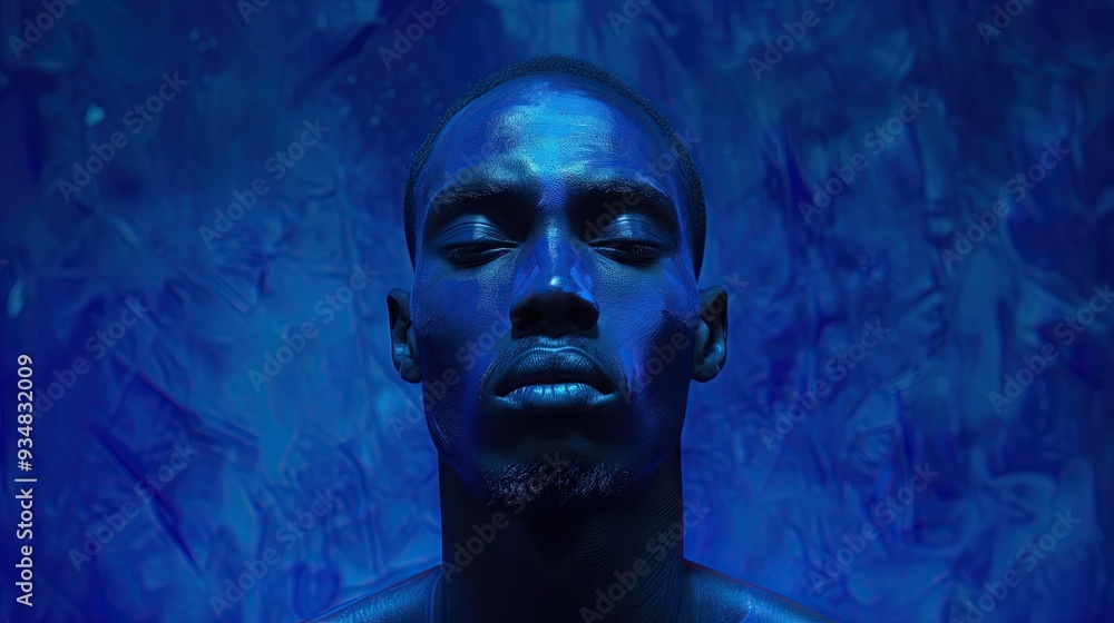 Naklejka premium Dark-skinned young man with dark blue skin tone, isolated on blue background.