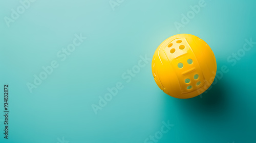 A bright yellow pickleball or whiffle ball on a solid aqua blue background, symbolizing sports  photo