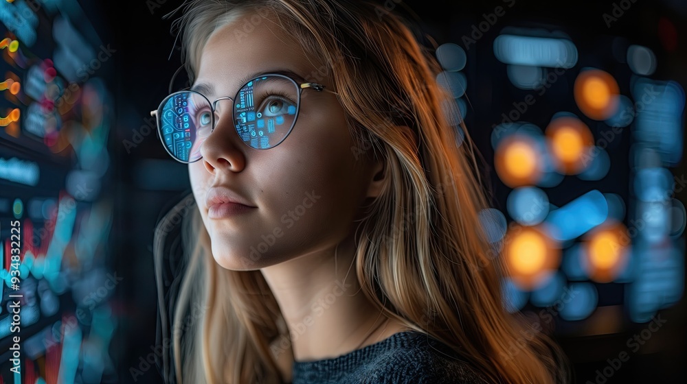 Close-up of eyes and lenses of a young female software engineer. Code reflected in glasses. Developer working on creative e-commerce application using AI. Close-up of eyes and lenses of a young female software engineer. Code reflected in glasses. Developer working on creative e-commerce application using AI.