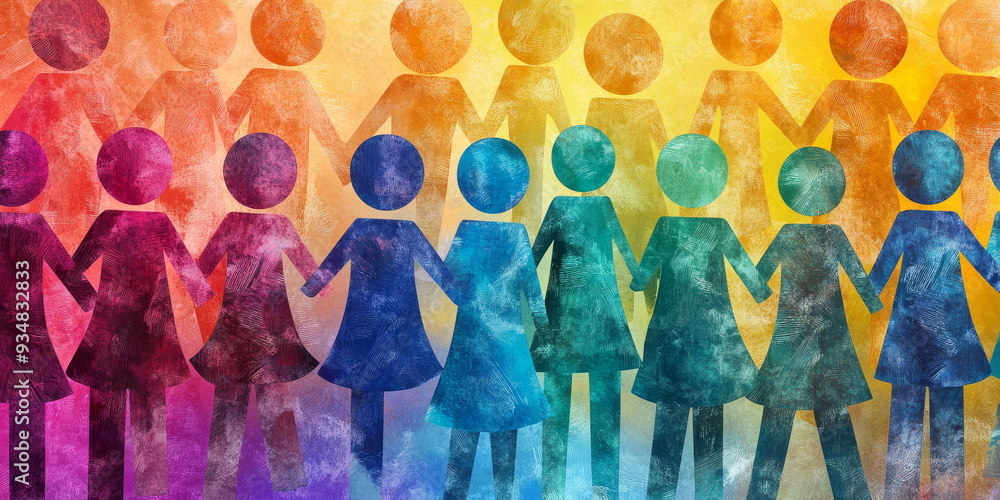 Naklejka premium Womans rights, Female equality and unity of the team diverse people, water color work.