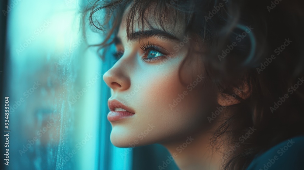 Contemplative Person Lost in Thought Gazing Out of Window with Soft Illumination on Face Contemplative Person Lost in Thought Gazing Out of Window with Soft Illumination on Face