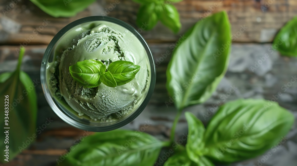 Obraz premium Fresh basil leaves paired with a glass of basil ice cream