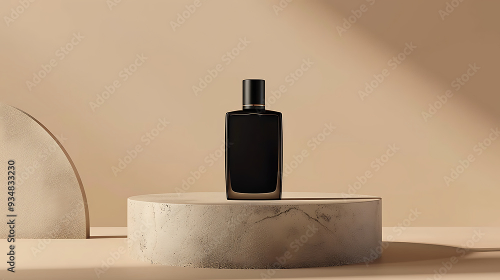 Mockup of a plain black perfume bottle neatly placed on a podium on a neutral background Mockup of a plain black perfume bottle neatly placed on a podium on a neutral background