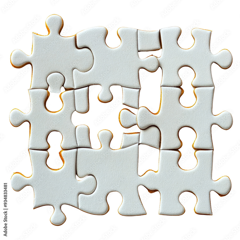 White puzzle pieces arranged in a square shape with a piece missing in the center. White puzzle pieces arranged in a square shape with a piece missing in the center.