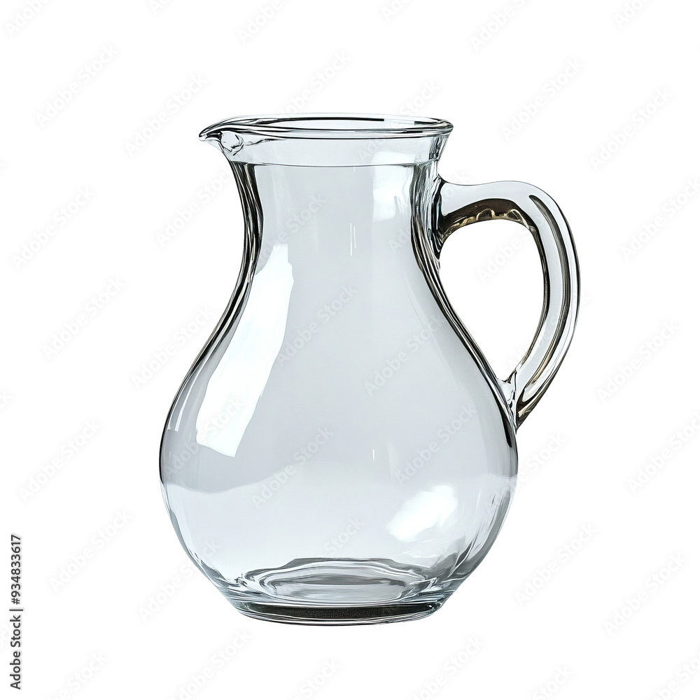 A clear glass pitcher with a rounded body and a single handle. It is empty and ready to be filled. A clear glass pitcher with a rounded body and a single handle. It is empty and ready to be filled.