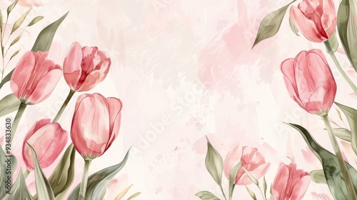 Wallpaper Mural Graceful tulip watercolor design. Soft and sophisticated illustration of tulips, leaves, and a floral frame, ideal for greeting cards, wedding invitations, or backgrounds. Torontodigital.ca