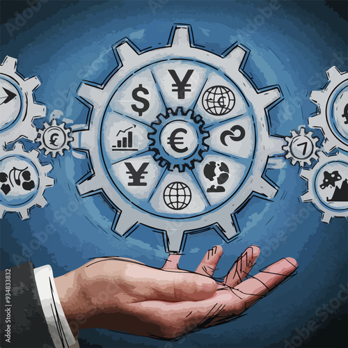 Abstract depiction of global economy symbols interconnected by policy gears photo