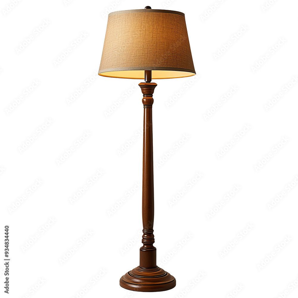 A traditional wooden floor lamp with a beige lampshade. The lamp is on a dark background. A traditional wooden floor lamp with a beige lampshade. The lamp is on a dark background.