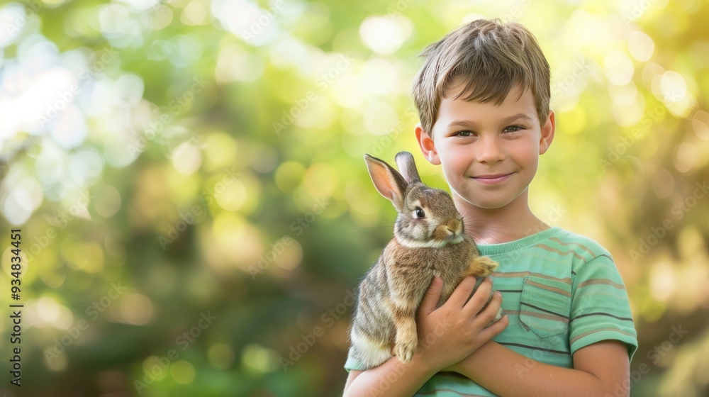 Happy young boy holding a cute bunny rabbit. Happy young boy holding a cute bunny rabbit.