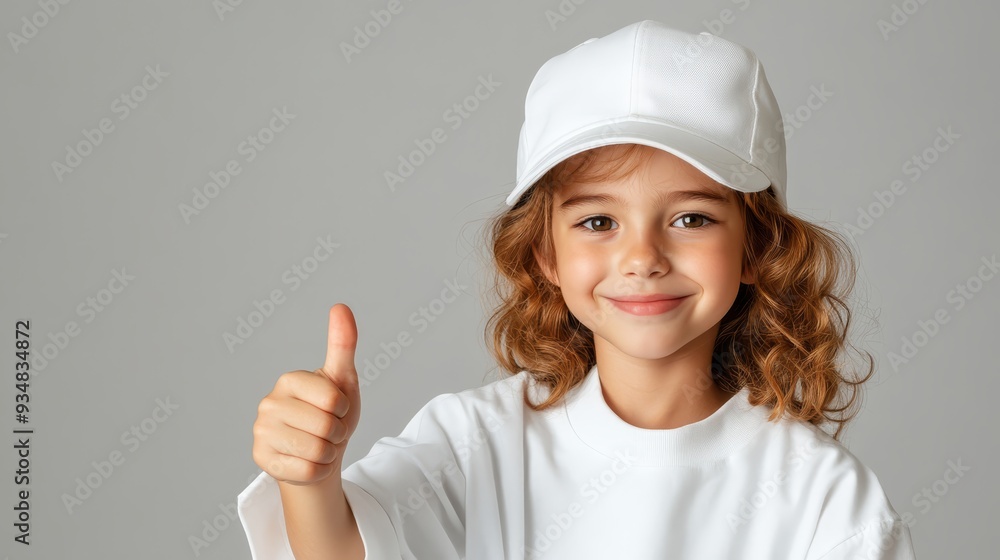 Happy Smiling Girl with Thumbs Up in White T Shirt and Cap Happy Smiling Girl with Thumbs Up in White T Shirt and Cap