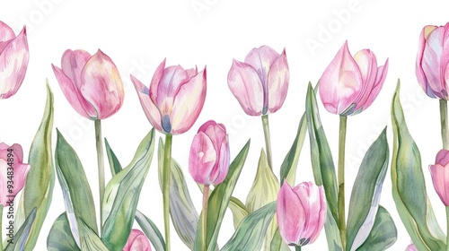 Wallpaper Mural Tulip watercolor illustration. Delicate tulips and leaves in a seamless pattern, ideal for greeting cards or wedding invitations. Torontodigital.ca
