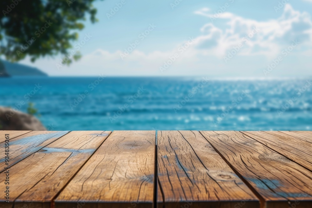 Wooden Tabletop Against a Blurred Ocean and Sky Background Wooden Tabletop Against a Blurred Ocean and Sky Background