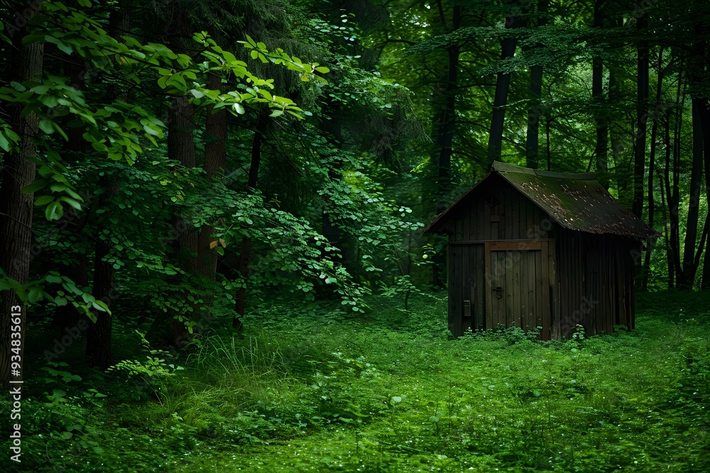 Rustic wooden cabin nestled amidst towering green trees in a tranquil forestRustic wooden cabin nestled amidst towering green trees in a tranquil forest Rustic wooden cabin nestled amidst towering green trees in a tranquil forestRustic wooden cabin nestled amidst towering green trees in a tranquil forest