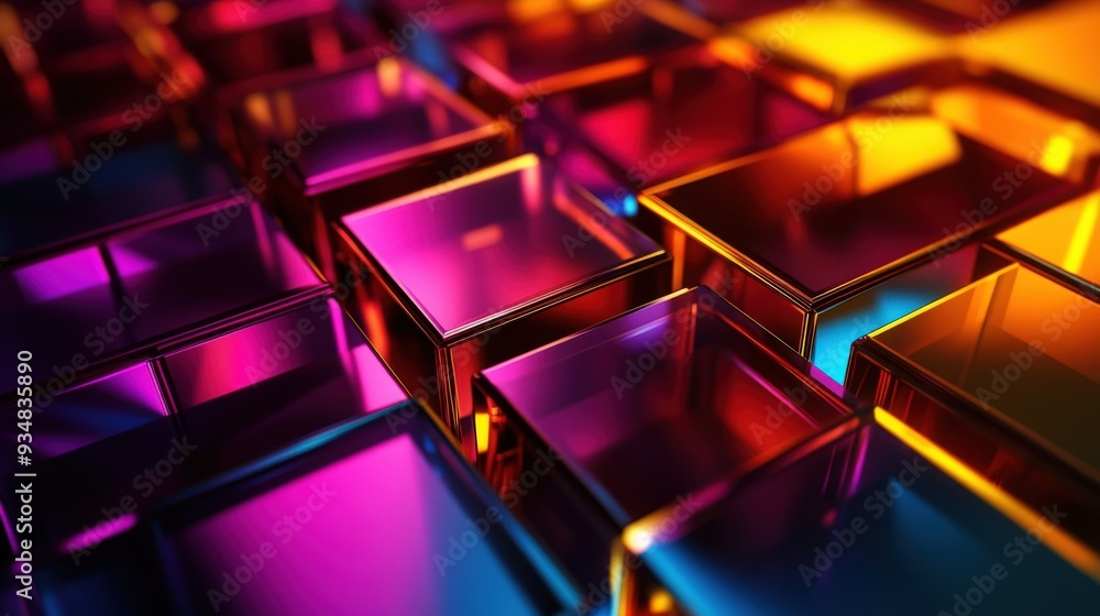 Vibrant abstract composition of colorful glass cubes reflecting light, creating an energetic and playful visual experience. Vibrant abstract composition of colorful glass cubes reflecting light, creating an energetic and playful visual experience.