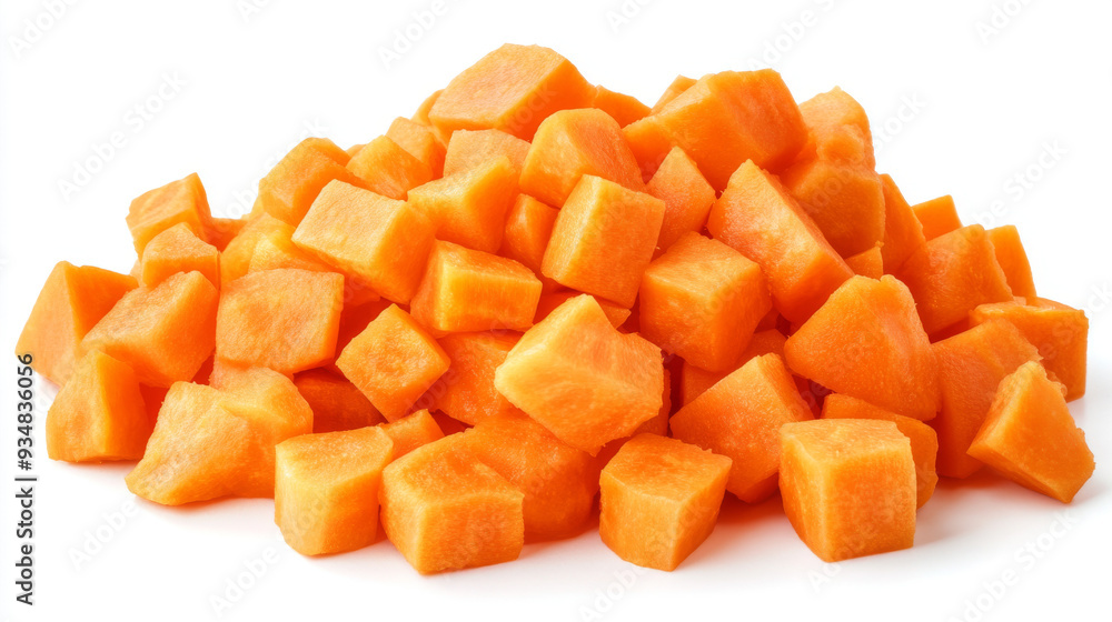Close-up of fresh diced carrots, with raw orange root vegetable cubes isolated and piled on a white background. Close-up of fresh diced carrots, with raw orange root vegetable cubes isolated and piled on a white background.