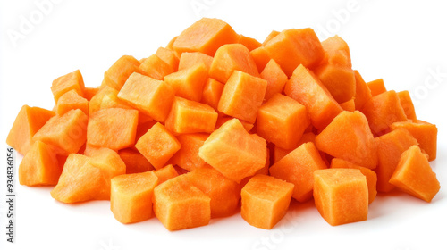 Close-up of fresh diced carrots, with raw orange root vegetable cubes isolated and piled on a white background.