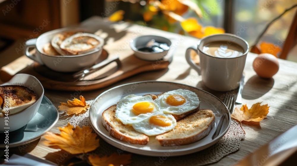 A cozy breakfast table featuring sunny-side-up eggs, toast, coffee, and autumn leaves, capturing the essence of a warm morning. A cozy breakfast table featuring sunny-side-up eggs, toast, coffee, and autumn leaves, capturing the essence of a warm morning.