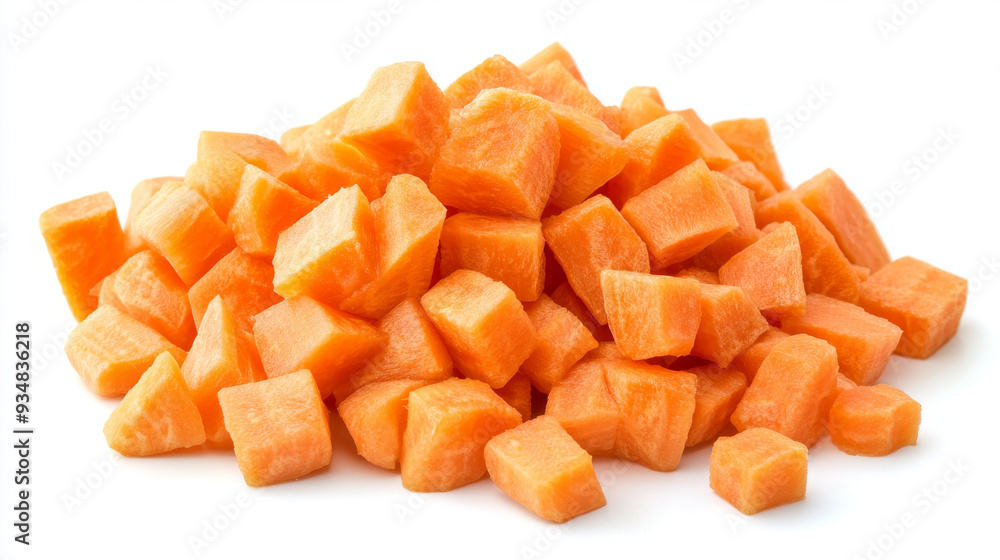 Close-up of fresh diced carrots, with raw orange root vegetable cubes isolated and piled on a white background. Close-up of fresh diced carrots, with raw orange root vegetable cubes isolated and piled on a white background.
