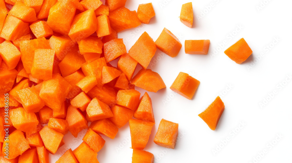 Close-up of fresh diced carrots, with raw orange root vegetable cubes isolated and piled on a white background. Close-up of fresh diced carrots, with raw orange root vegetable cubes isolated and piled on a white background.