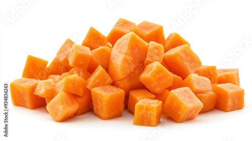 Close-up of fresh diced carrots, with raw orange root vegetable cubes isolated and piled on a white background.