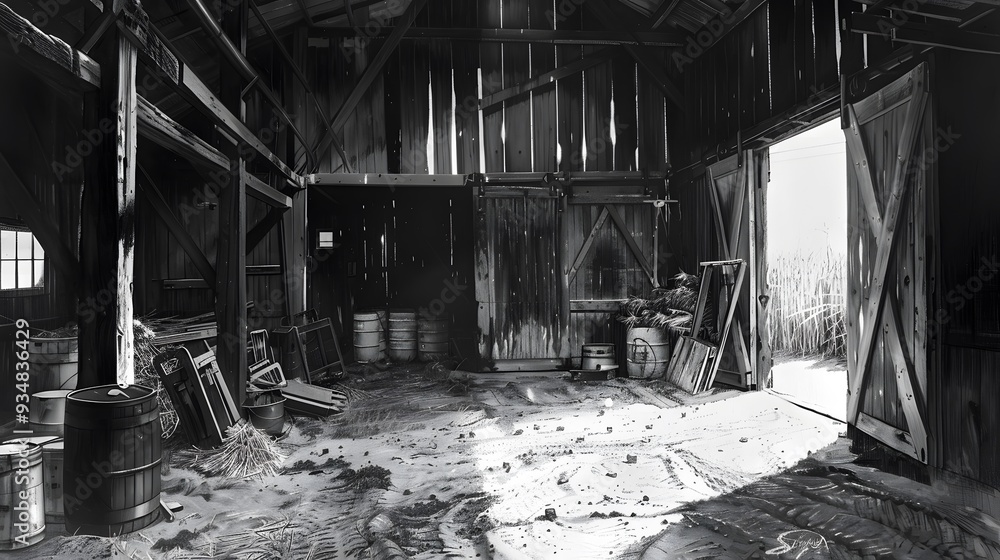 Abandoned Wooden Barn Interior with Rusted Barrels. Abandoned Wooden Barn Interior with Rusted Barrels.