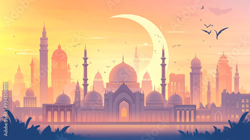 Ramadan Kareem. Eid Mubarak. Vector illustration featuring an Islamic Muslim cityscape, street, mosque, crescent, window, and arch. Suitable for a logo, sign, or icon with muted colors. photo