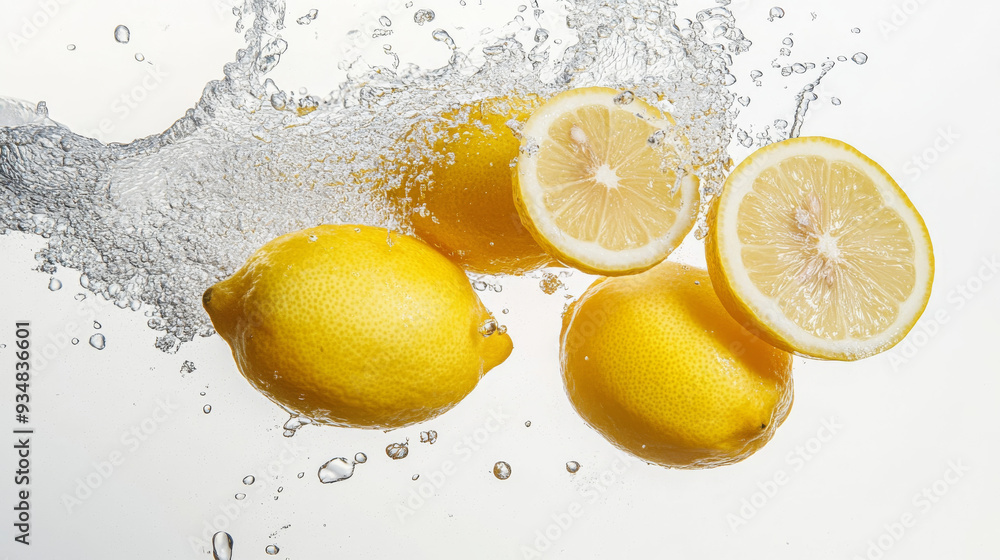 Fresh lemons dropping into water against a white background. Fresh lemons dropping into water against a white background.