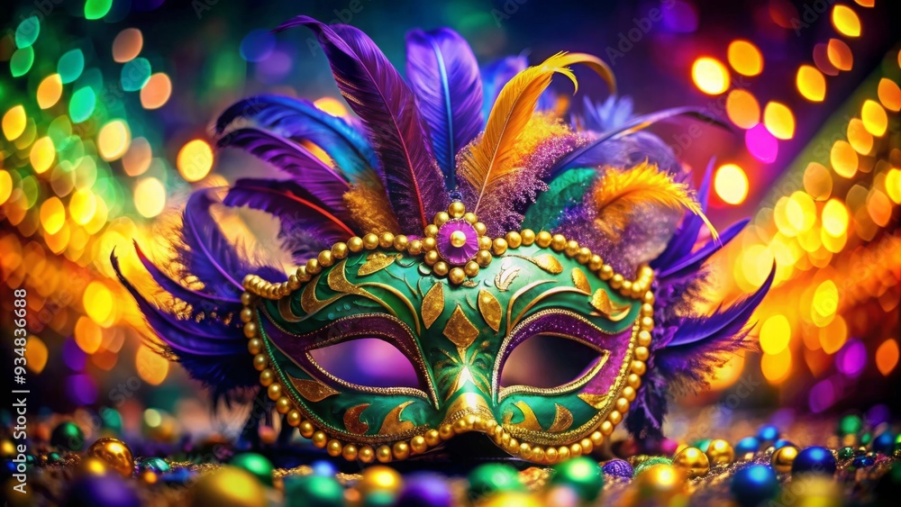 Fototapeta premium Colorful Mardi Gras carnival mask adorned with feathers and beads for festive celebrations and parties