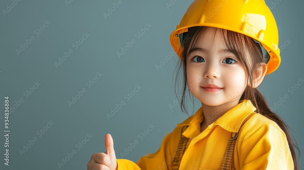 Cute Little Girl Wearing Hard Hat Gives Thumbs Up Cute Little Girl Wearing Hard Hat Gives Thumbs Up