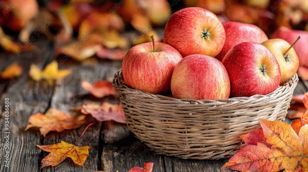 A rustic basket filled with fresh red apples resting on a wooden surface, surrounded by autumn leaves, perfect for seasonal decor. A rustic basket filled with fresh red apples resting on a wooden surface, surrounded by autumn leaves, perfect for seasonal decor.