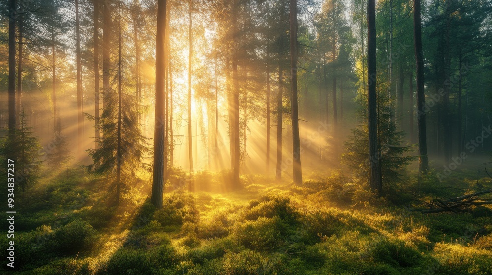 A serene forest scene bathed in golden sunlight, showcasing vibrant greenery and tranquil atmosphere. A serene forest scene bathed in golden sunlight, showcasing vibrant greenery and tranquil atmosphere.