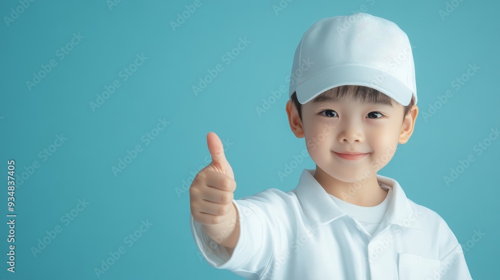 Happy Little Boy Giving Thumbs Up in White Shirt and Hat Happy Little Boy Giving Thumbs Up in White Shirt and Hat