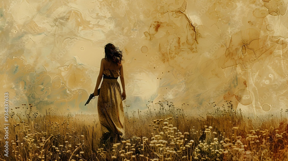 Woman with a Gun in a Field of Flowers. Woman with a Gun in a Field of Flowers.