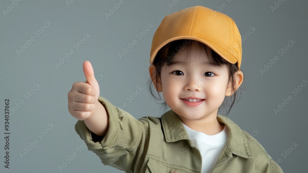 Happy Little Girl with Thumbs Up in Yellow Cap and Green Jacket Happy Little Girl with Thumbs Up in Yellow Cap and Green Jacket