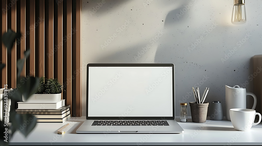 Notebook laptop white screen mockup on a white table in coffee shop. HD image Notebook laptop white screen mockup on a white table in coffee shop. HD image