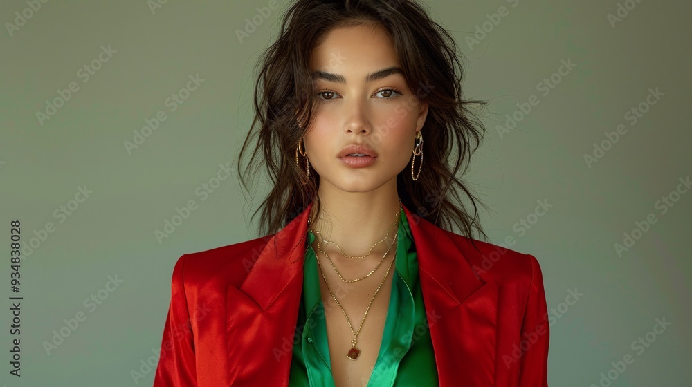 Elegant Portrait of a Model in Red Blazer with Gold Jewelry Elegant Portrait of a Model in Red Blazer with Gold Jewelry