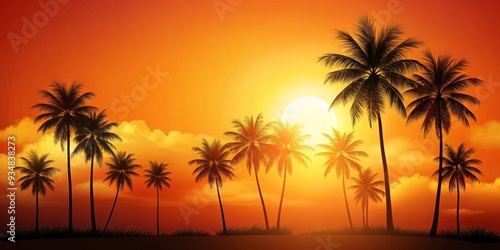 Abstract summer background with silhouette of palm trees, vibrant sun, and orange hues
