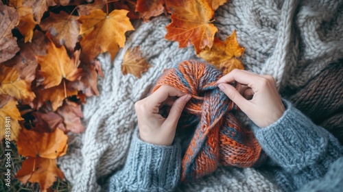 Cozy autumn scene with hands knitting a colorful garment amidst vibrant fall leaves and a soft, textured blanket.