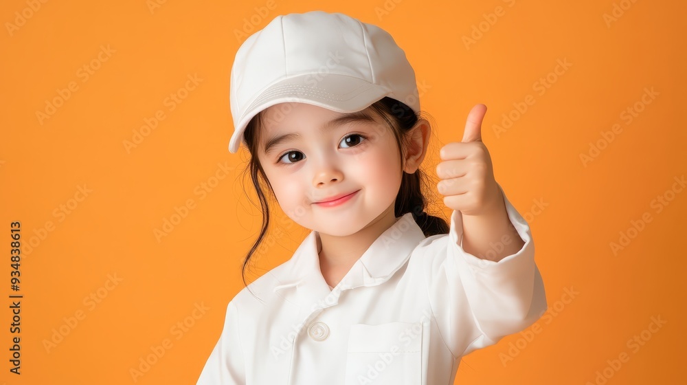 Cute Little Girl Wearing White Cap Giving Thumbs Up on Orange Background Cute Little Girl Wearing White Cap Giving Thumbs Up on Orange Background